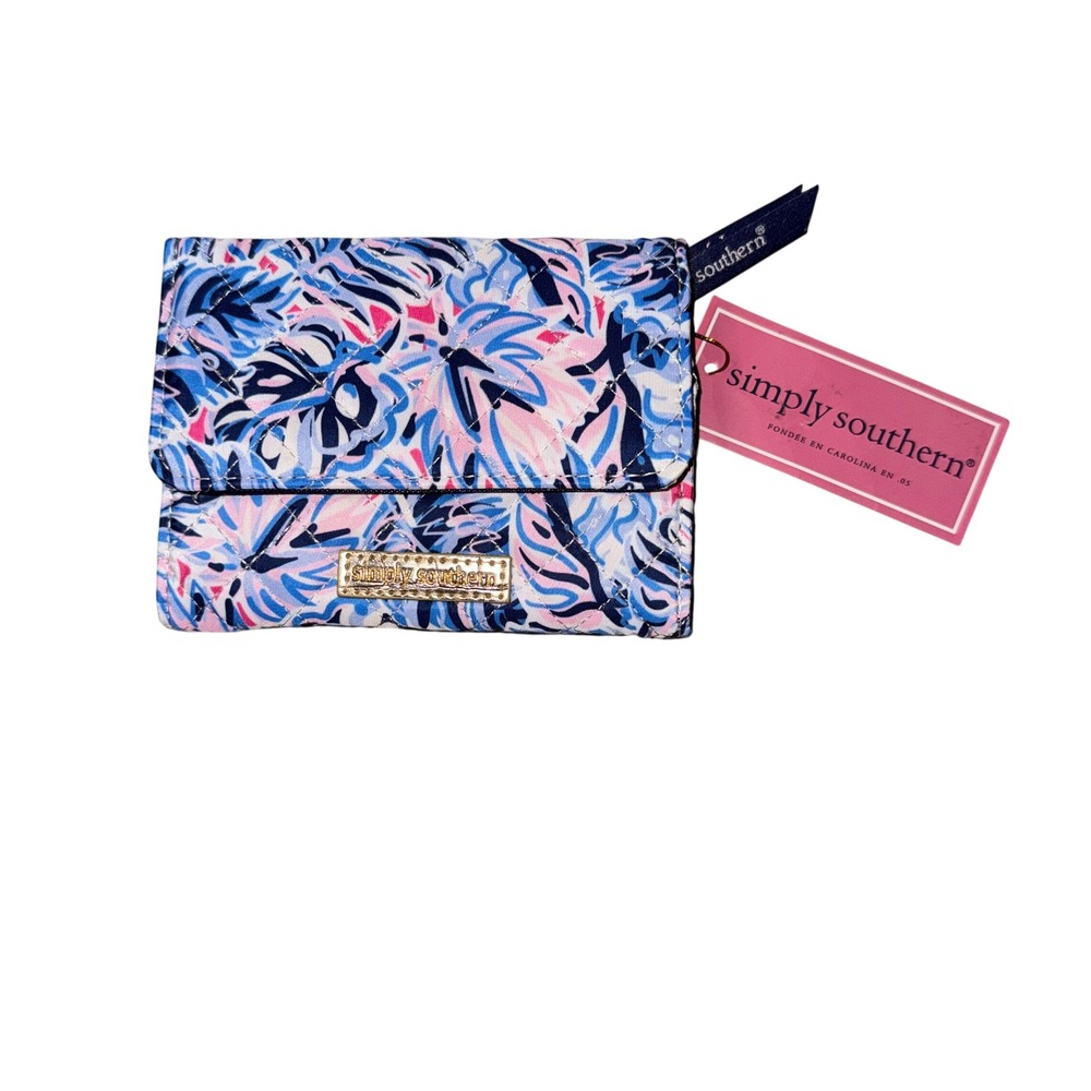 Simply Southern Trifold Wallet OS Blue Pink Tropical Leaf Quilted Fabric NWT